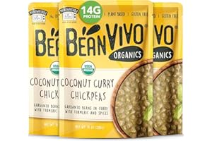 BeanVIVO (Pack of 3) Organics Plant based Coconut Curry Chickpeas - Good Source of Fiber - Nutritious & Microwave Meals - Gluten-Free Plant Food - 10 oz