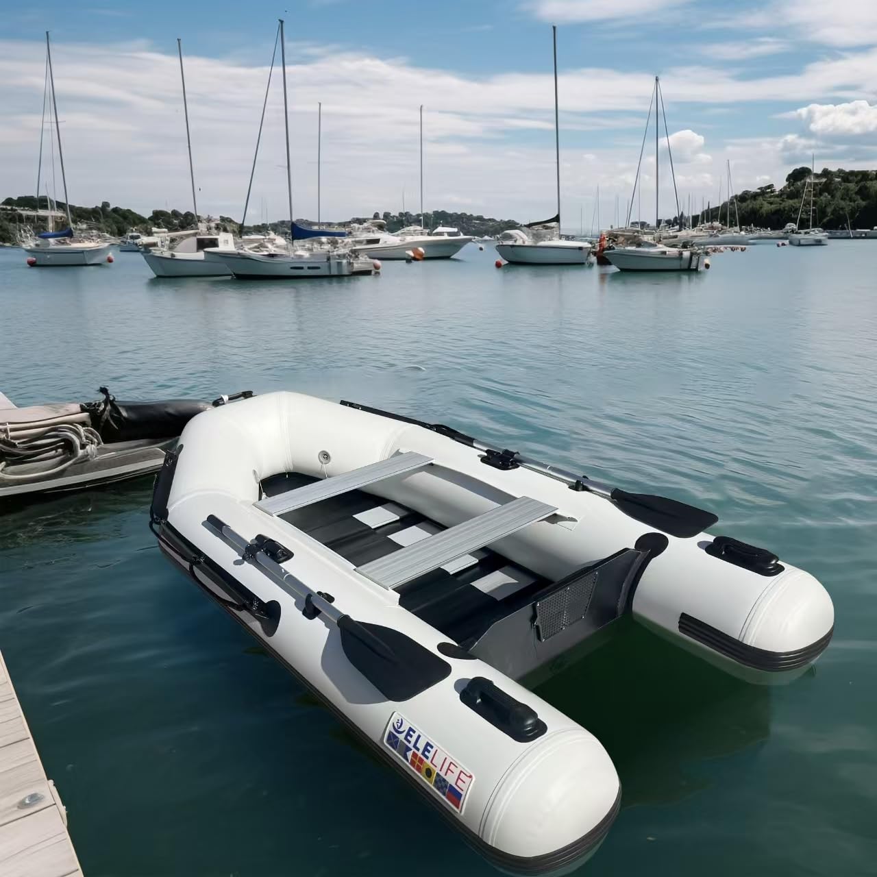 Photo 1 of **MISSING OARS AND SEATS**elelife 10FT Inflatable Boat,2-3Person Portable raft,2 Aluminum seat Board and 5 Aluminum Floor,3 Independent air Tubes,14 inch Large Float.No disassembly Required, Ultra Portable Design (10FT)
