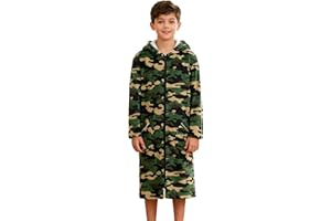 Funnycokid Boys Bathrobe Zipper Kids Soft Fleece Hooded Robe 7-14 Years