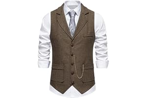 Men's Vintage Slim Fit Suit Vest Formal Prom Party Herringbone Pattern Waistcoat with Chain Detail