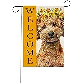 KEEPAEON Welcome Poodle Garden Flag Linen Garden Flag Double Sided Premium Fabric Daffodil Outdoor Decoration Banner for Yard Lawn 12x18 In (2595)