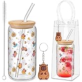Zhehao 3 Pcs Capybara Gifts with 16 oz Glass Cup with Bamboo Lid and Straw, Keychain, Transparent Gift Bag, Capybara Stuff for Women Girls Ladies Exchange Birthday Party Gifts