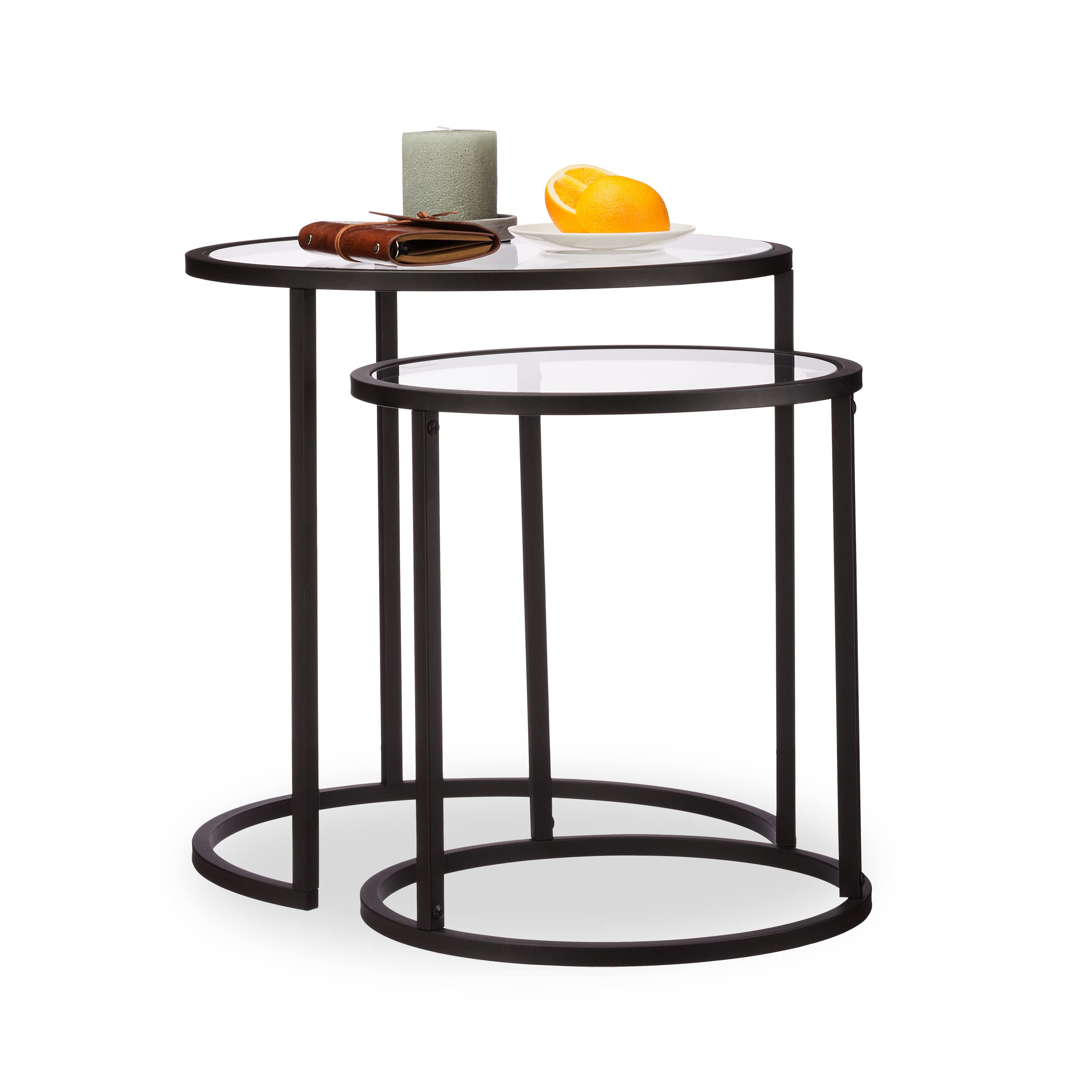 Relaxdays Nesting Tables Set of 2, Coffee Table with Glass Top, Compact Storage, HWD 50.5x50x50 cm, Black