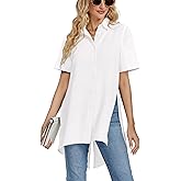 LYANER Women's Collar V Neck Split Hem Button Down Short Sleeve Long Shirt Blouse Tunic Top White Medium