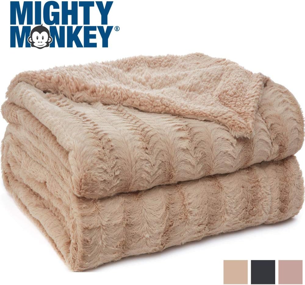 MIGHTY MONKEY Premium Pet Blanket, 47x40 Inch, Machine Washable, Soft Cozy Reversible Sherpa Throw Blankets for Pets, Plush Material, Non Shedding Kitty Cat, Kitten Throws, Large Size, Soft Beige: Home & Kitchen