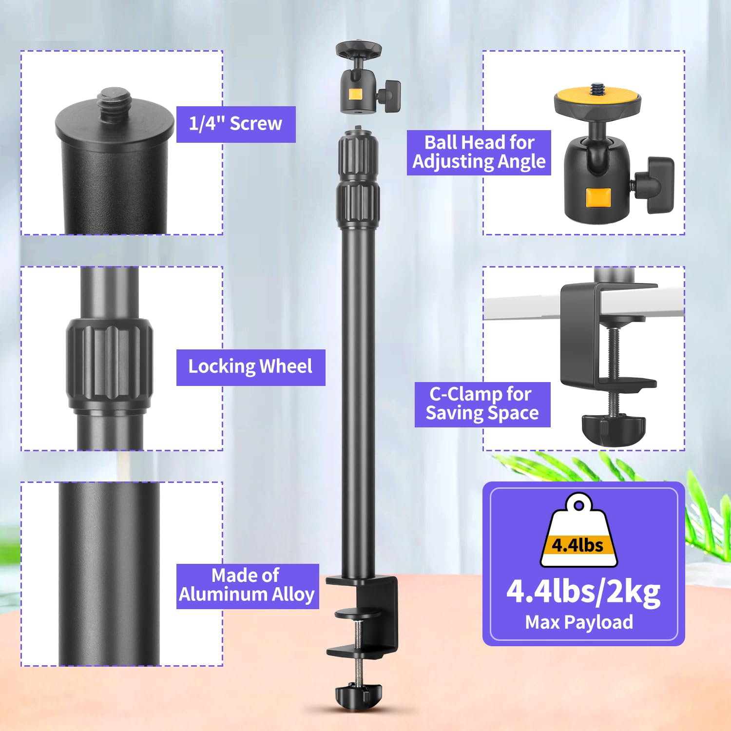 Camera Desk Mount Webcam Stand with 360° Ball Head, Adjustable Table Light Stand 14
