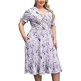 Keluummi Plus Size Summer Wedding Guest Midi Dresses for Curvy Women, Casual Boho Floral A Line V Neck Dress with Pockets