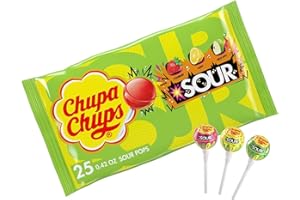 Chupa Chups SOUR Lollipops, Variety Pack, Lemon, Strawbery & Apple Flavored, Individually Wrapped Bulk Sour Candy Suckers for Adults & Kids, Bag of 25