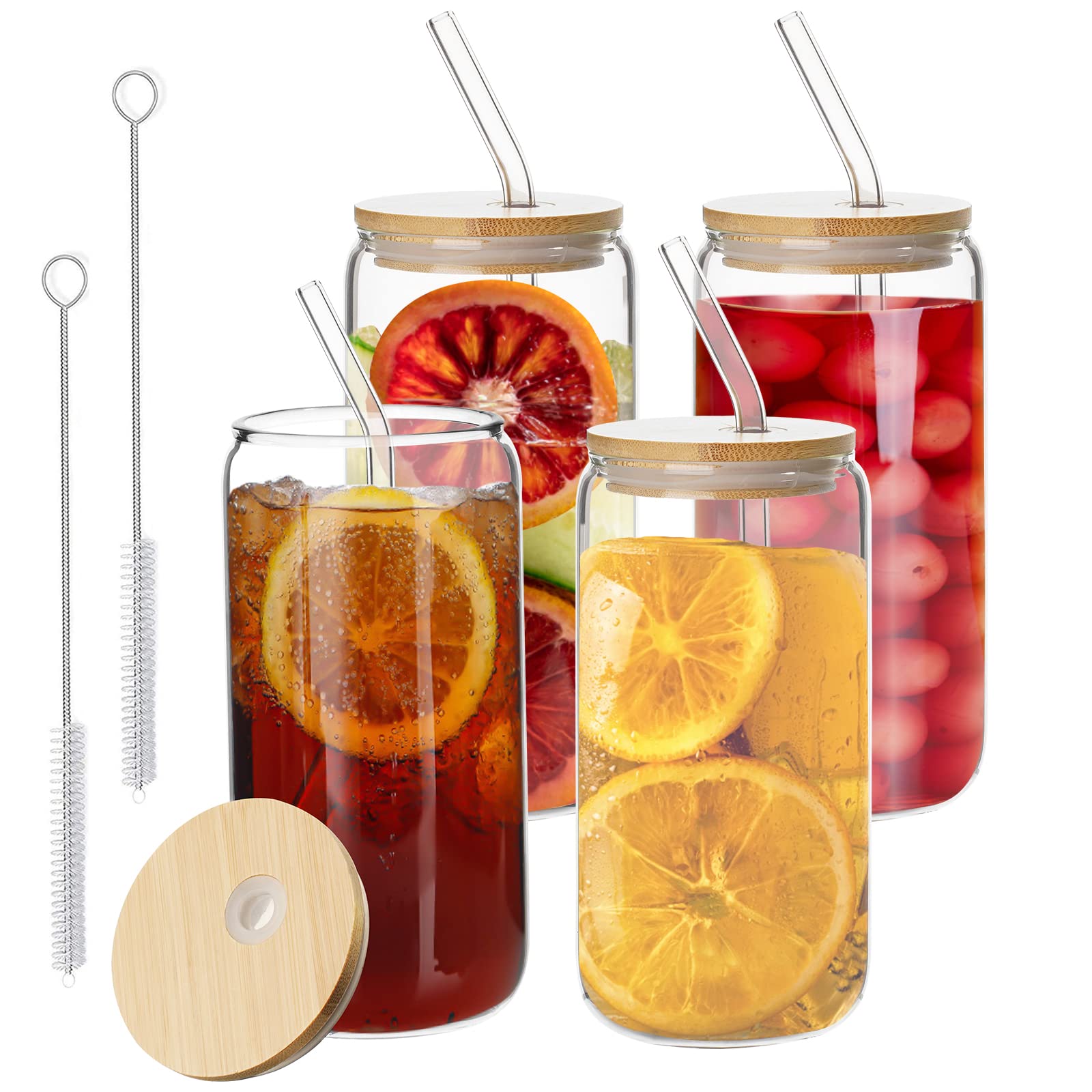 Glass Tumblers 4 Pack with Lids & Straws, 19oz Reusable Clear Drinking Glasses, Perfect for Iced Coffee, Smoothies, Beer & Travel | Ideal Set with Cleaning Brushes