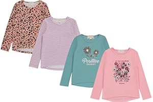 BTWEEN Girls Long Sleeve Fall Graphic Tops, School & Sports Tees, 4 Pack Multiple Pattern Tshirts
