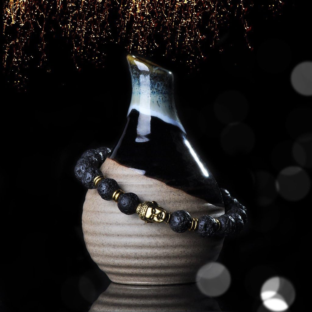 Infinite U Alloy Lava Stone Stretch Bracelet for Men Women 9mm Buddha Beads Great for Yoga Meditation Black 18cm, Stone Metal - Image 4