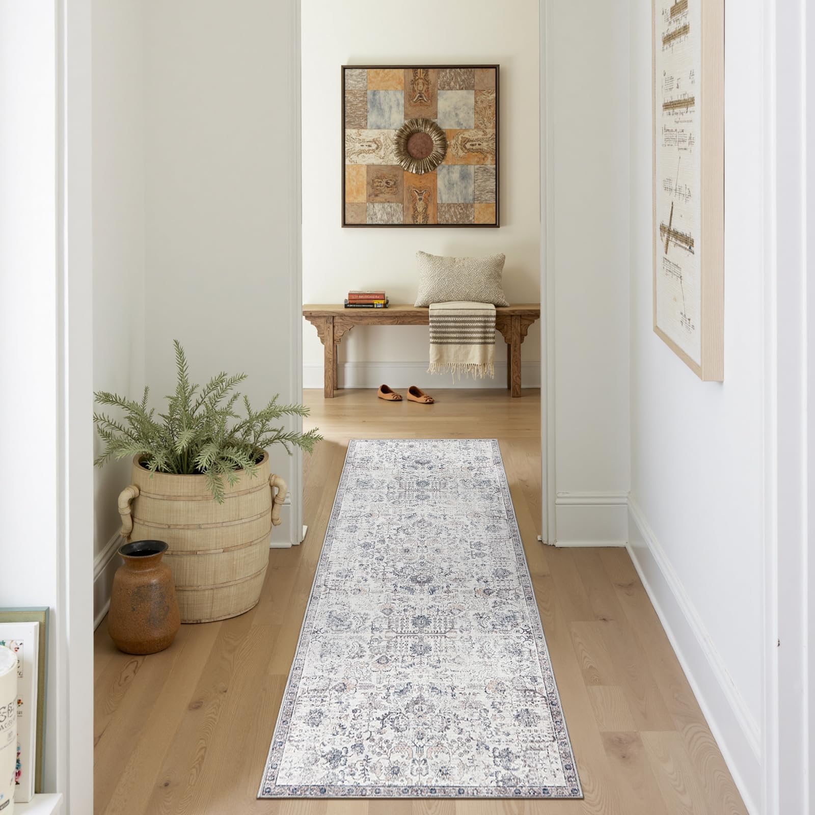 Photo 1 of jinchan Runner Rug 2x6 Washable Hallway Rug Vintage Indoor Thin Retro Floor Cover Distressed Gray Floral Country Lightweight Non Slip Carpet for Entryway Bathroom Kitchen Bedroom Living Room Grey