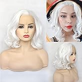 BLUPLE White Lace Front Wig Short Wavy Bob Style Platinum White 1001# Loose Wave Curly Synthetic Hair Side Part Half Hand Tied Replacement Full Wigs 12 Inches for Women Girls