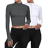 Neer 2 Pack Women's Workout Long Sleeve Jackets, 1/2 Zip Pullover Yoga Crop Tops Slim Fit Running Top with Thumb Holes