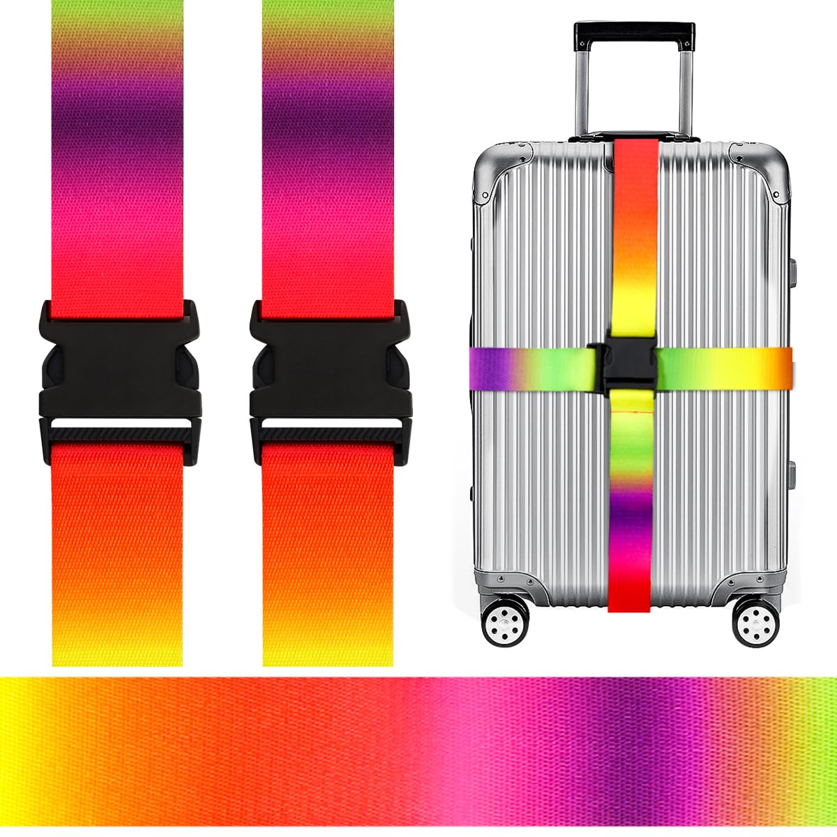 Adjustable Travel Luggage Strap Suitcase Belt Travel Bag Accessories 1.96 in W x 6.23 ft L (2 Pack-Rainbow)