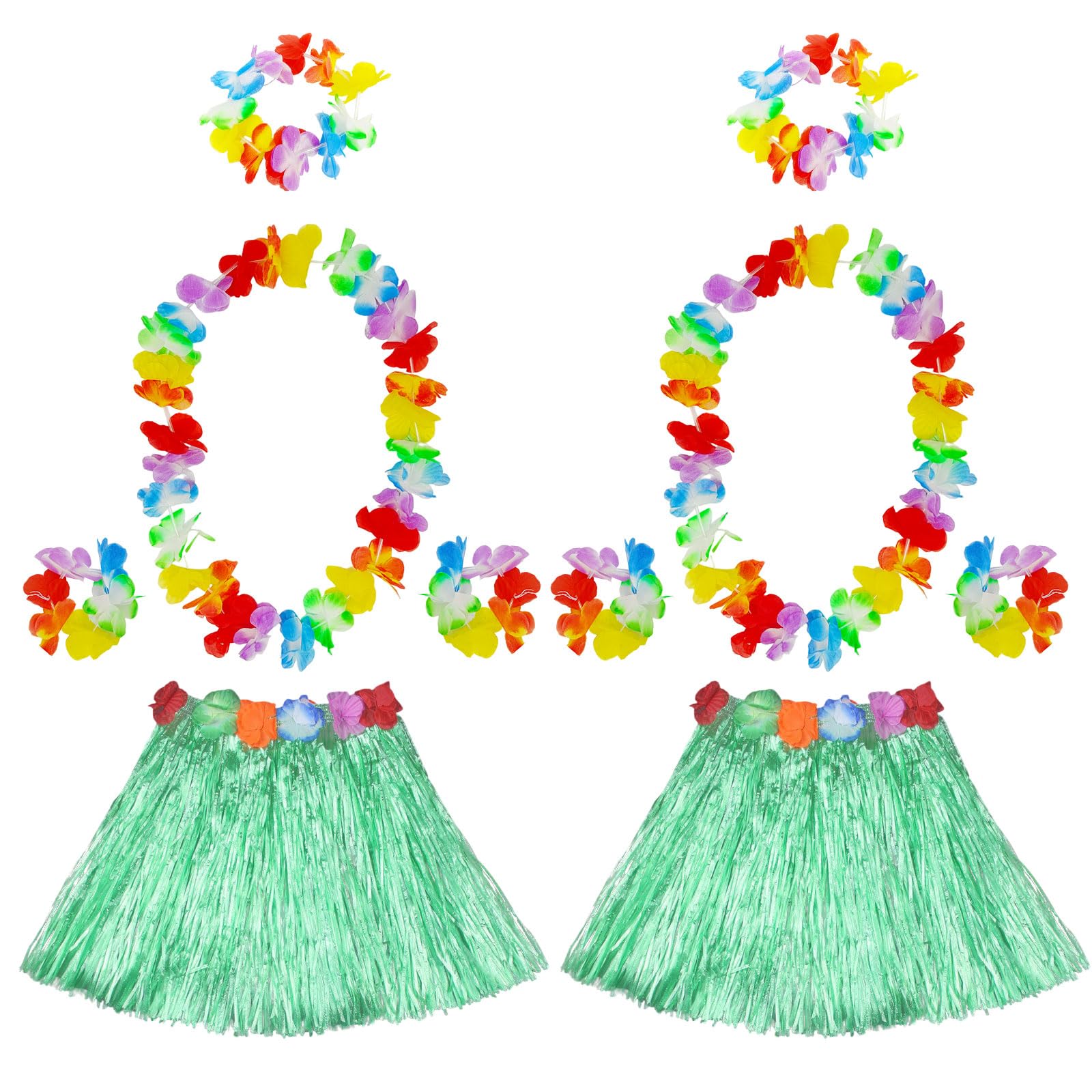 FUIPVGI 10 Pcs Hawaiian Garlands Hula Grass Skirt Set, 40 cm Grass Skirt, Necklace Bracelets, Costume for Beach Party Hen Night Tropical Party Decoration (Green)