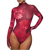 SweatyRocks Women's Floral Print Mesh Bodysuit High Neck Long Sleeve Fitted Top Leotard