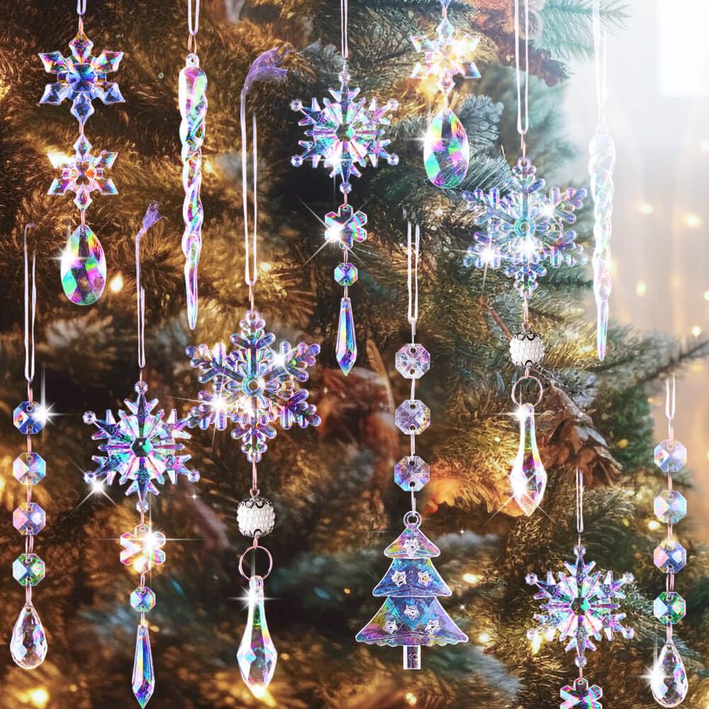 Lanpn 26pcs Christmas Decoration Crystal Christmas Tree Ornaments, Iridescent Hanging Clear Acrylic Snowflake Icicle Drop Pendants for Xmas tree Winter Outdoor Indoor Party New Year Decor Colorful