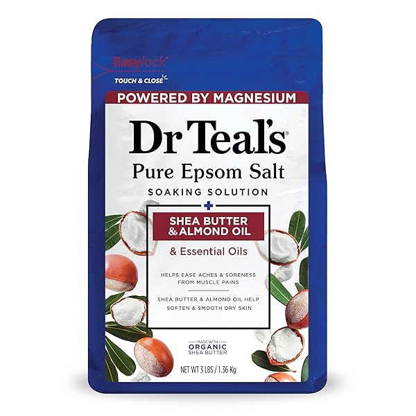 DR TEAL’S EPSOM SALT MAGNESIUM SOAK, SOFTEN & MOISTURIZE WITH SHEA BUTTER & ALMOND OIL, 3 LBS