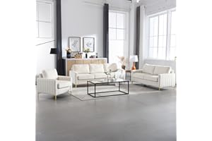 DEOLME 3 Piece Sofa Set Living Room Furniture Sets, Comfy Sofa and Loveseat and Chair, Velvet Tufted 3 Seater Couch Sets for Bedroom Office juegos de muebles de sala Modern Soft Cushioned& Golden Leg (Beige)