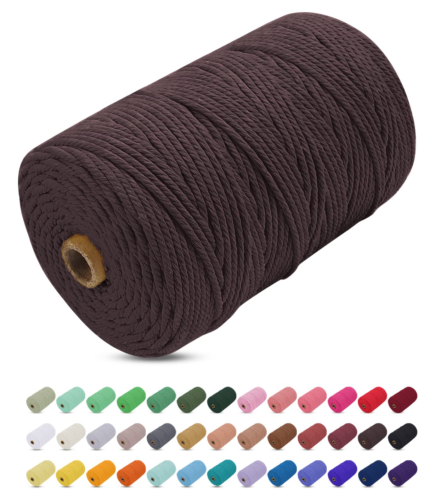Uiopa Macrame Cord 3mm x 200m, Thick Macrame Rope Yarn Soft Natural Cotton Cord, Coloured 4-Ply Macrame String for DIY Craft, Plant Hangers, Wall Hanging, Christmas Decorations (Brown)