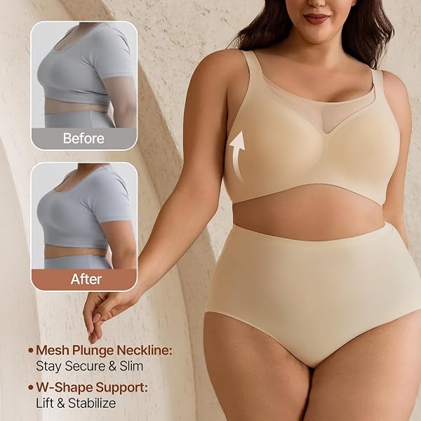 SIMNESS BRA FOR WOMEN, DEEP V WIRELESS SMOOTH SEAMLESS PLUS SIZE BRA – PUSH UP, NO UNDERWIRE, BRALETTES – FULL COMFORT FOR EVERYDAY & SPORT (SKIN, XL)