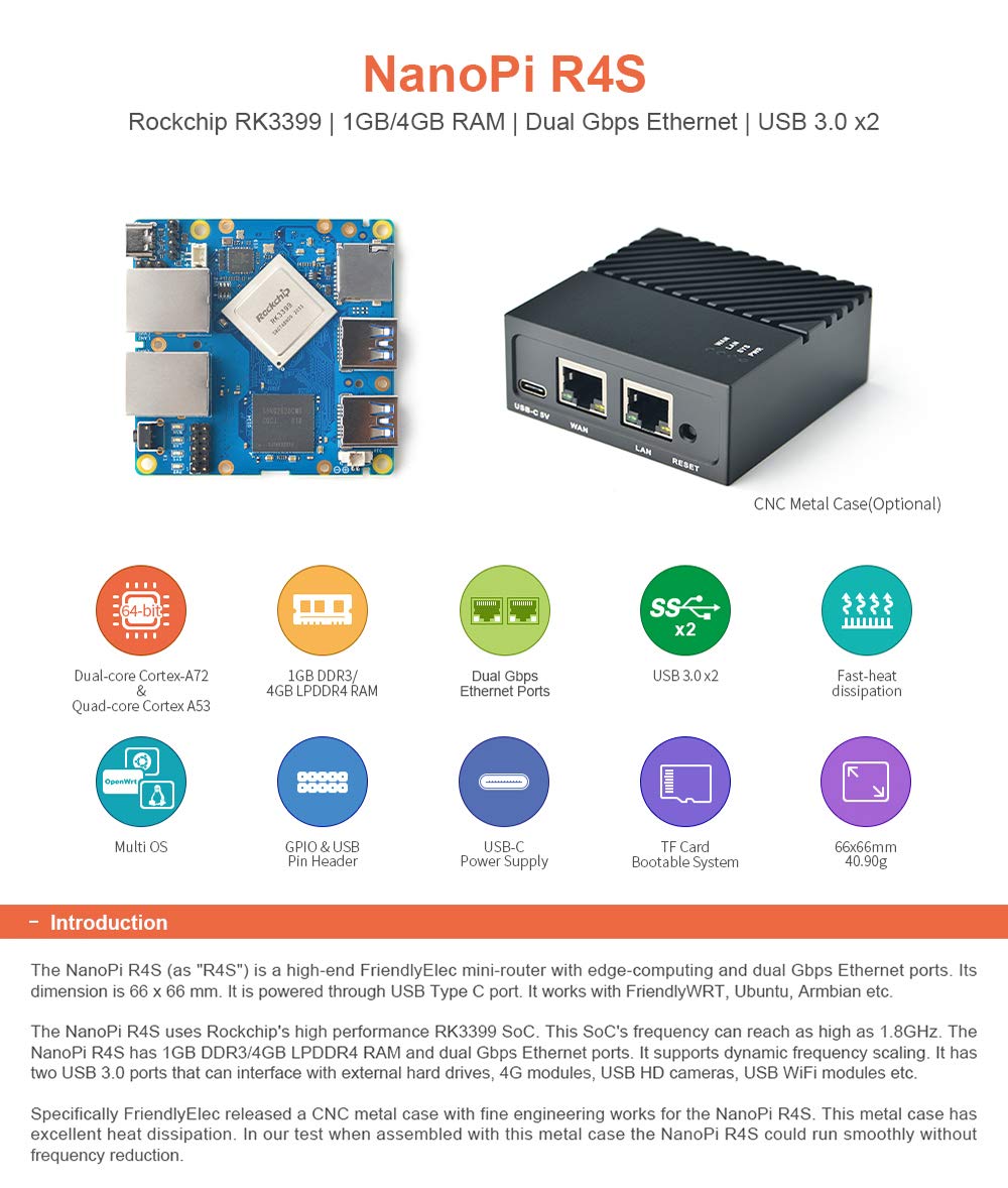 Nanopi R4S Mini Portable Travel Router OpenWRT with Dual-Gbps Ethernet Ports 4GB LPDDR4 Based in RK3399 Soc for IOT NAS Smart Home Gateway