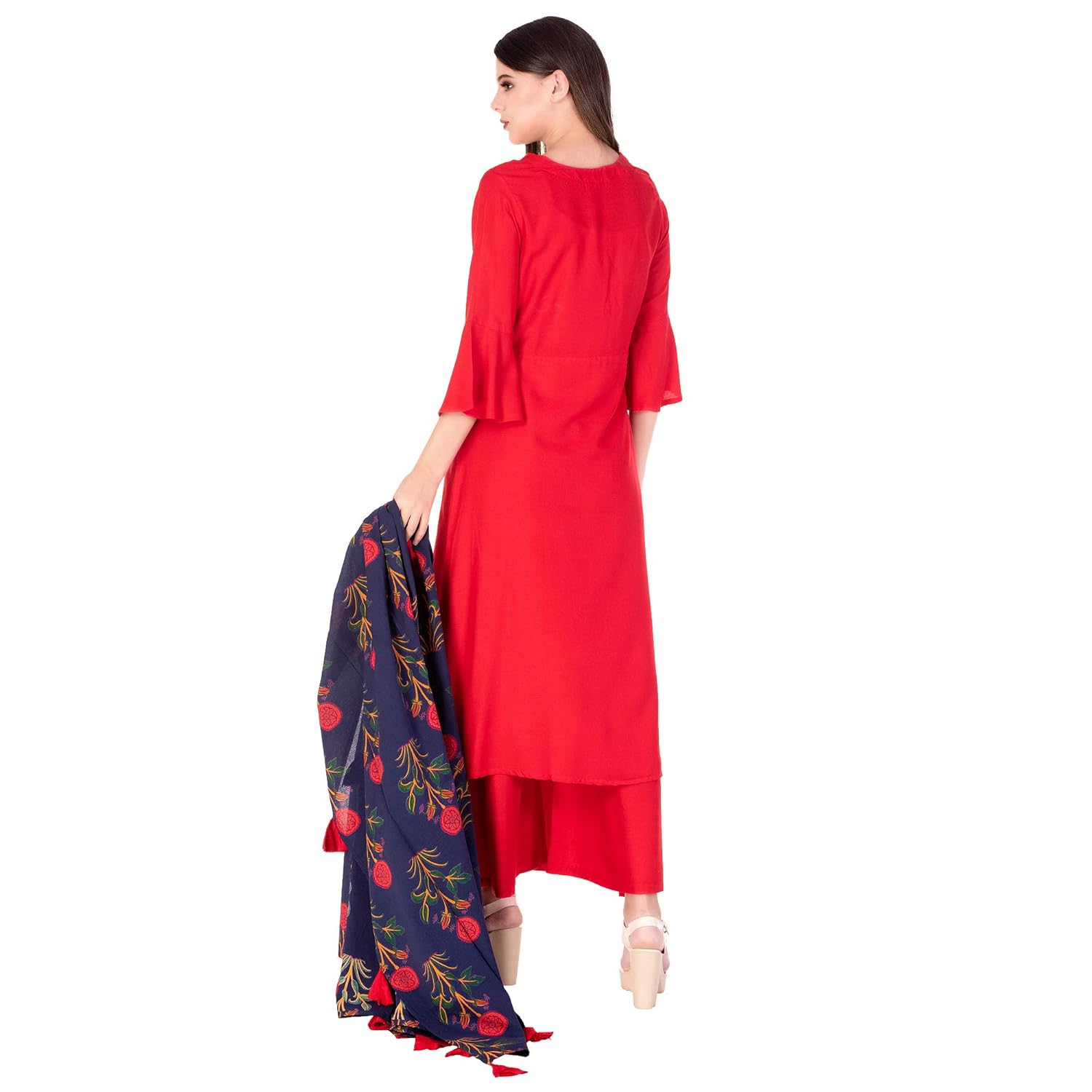 ortange readymade women's rayon kurta, palazzo with printed dupatta set