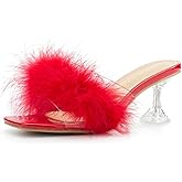 Heiyom Women's Square Toe Low Stilettos Heels Mules Sandals Fluffy Feather Slip on Clear Low Heels Wedding Bridal Party Dress Shoes