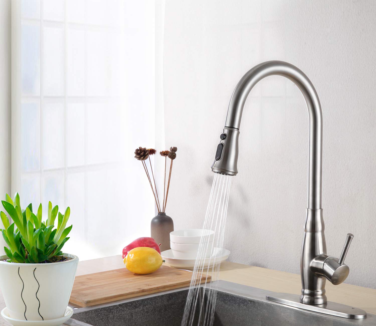 Bulife Pull-Down Sprayer Kitchen Faucet, Single Handle High Arc Lead Free Stainless Steel Brushed, Modern Gooseneck Pullout Spray Head, Faucet for Kitchen Farm Sink with Deck Plate