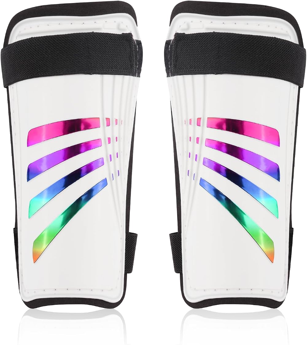 lvzhen Football Shin Pads Kids Non Slip Double Adjustable Straps Glitter Rainbow