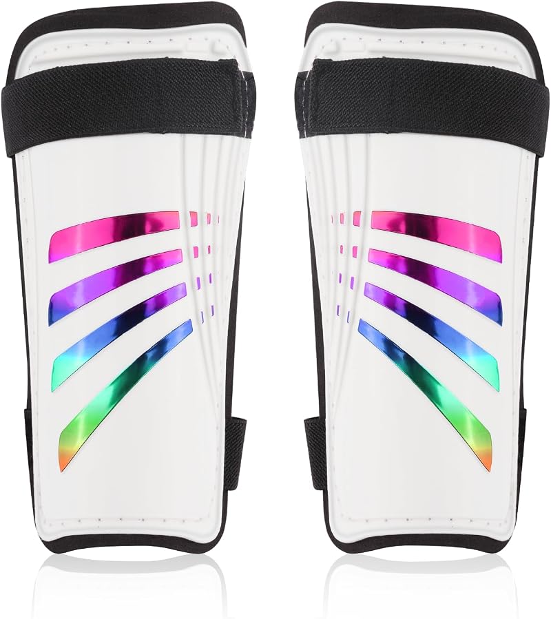 lvzhen Football Shin Pads Kids Non Slip Double Adjustable Straps Glitter Rainbow