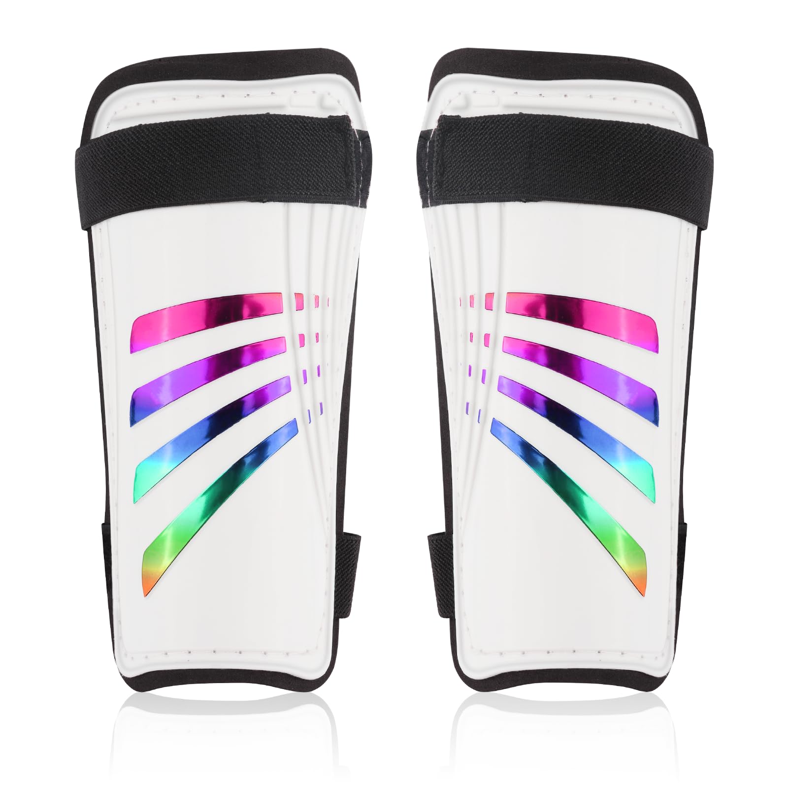 Football Shin Pads | Impact Protection Kids Shin Pads | Non Slip Double Adjustable Straps Soccer Shin Guards Boys Girls | Glitter Rainbow Shin Guards Kids 5-12 years (White)