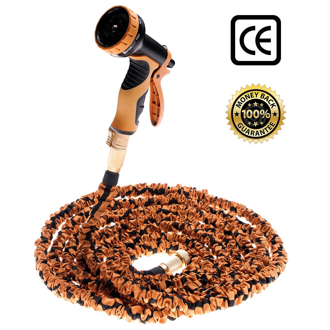Green Land Expandable Garden Hose with 9 in 1 Spray Nozzle Double Latex Core, Solid Brass Connector for Watering Plants, Auto Wash, Cleaning Patio Garage - 100 Feet, Orange