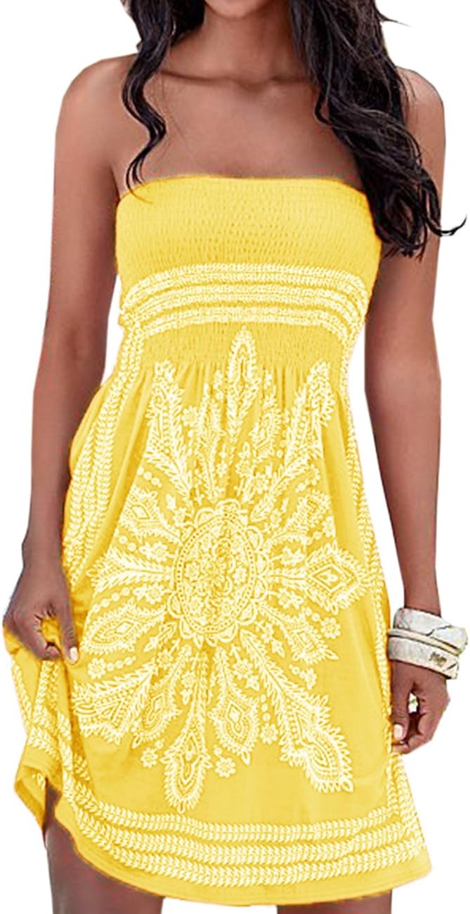 SEMATOMALAWomen's Summer Dress Strapless Floral Print Bohemian Casual Beach Dress Cover Ups for Swimwear Women