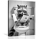 OWNANRTHM Raccoon Bathroom Canvas Wall Art Raccoon on Toilet Painting Funny Animal Bathroom Poster Black and White Animal Toilet Picture for Bath Restroom Framed 8X10 inch