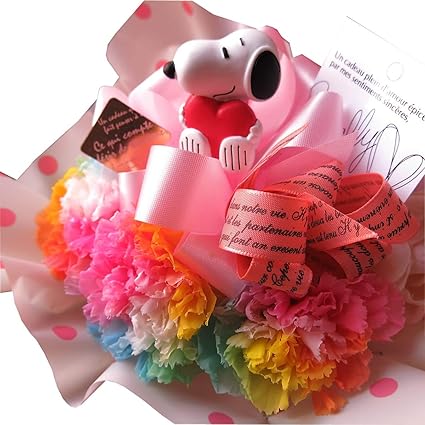 Amazon 母の日 スヌーピー ハート入り 花束風 レインボーカーネーション プリザーブドフラワー3本入り アートフラワー使用 ケース付き フラワーガーデンリーブス フラワーアレンジメント