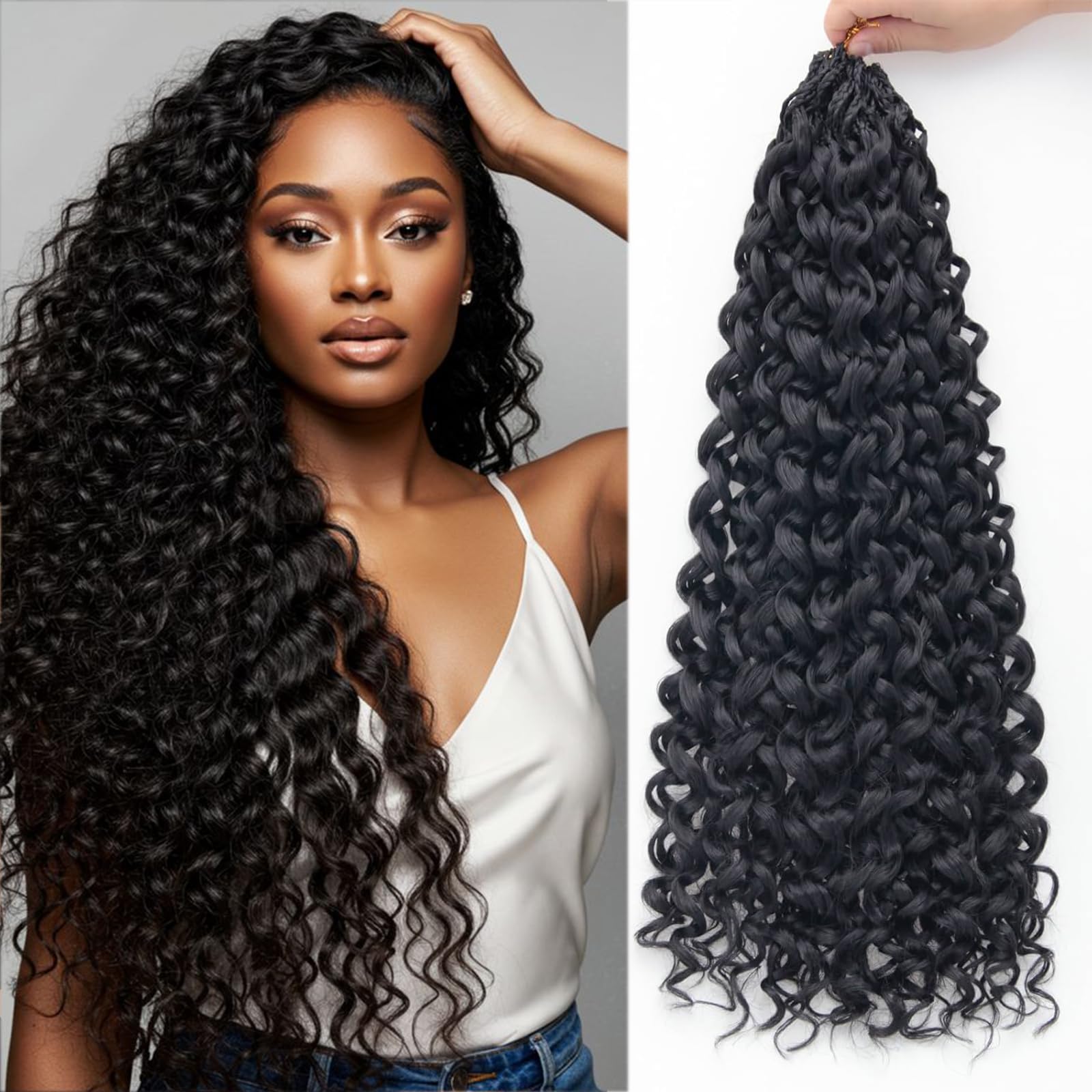 Photo 1 of Gogo Curl Crochet Hair 8 Packs Ocean Wave Crochet Hair Pre Looped Long Deep Wave Hair Extension Synthetic Braiding Hair for Women Natural Black 24 Inch Color 1B