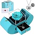 Preserved Real Cyan Rose Gift with I Love You in 100 Languages Necklace, Cute Gifts for Girlfriend, Women, Mom, Wife