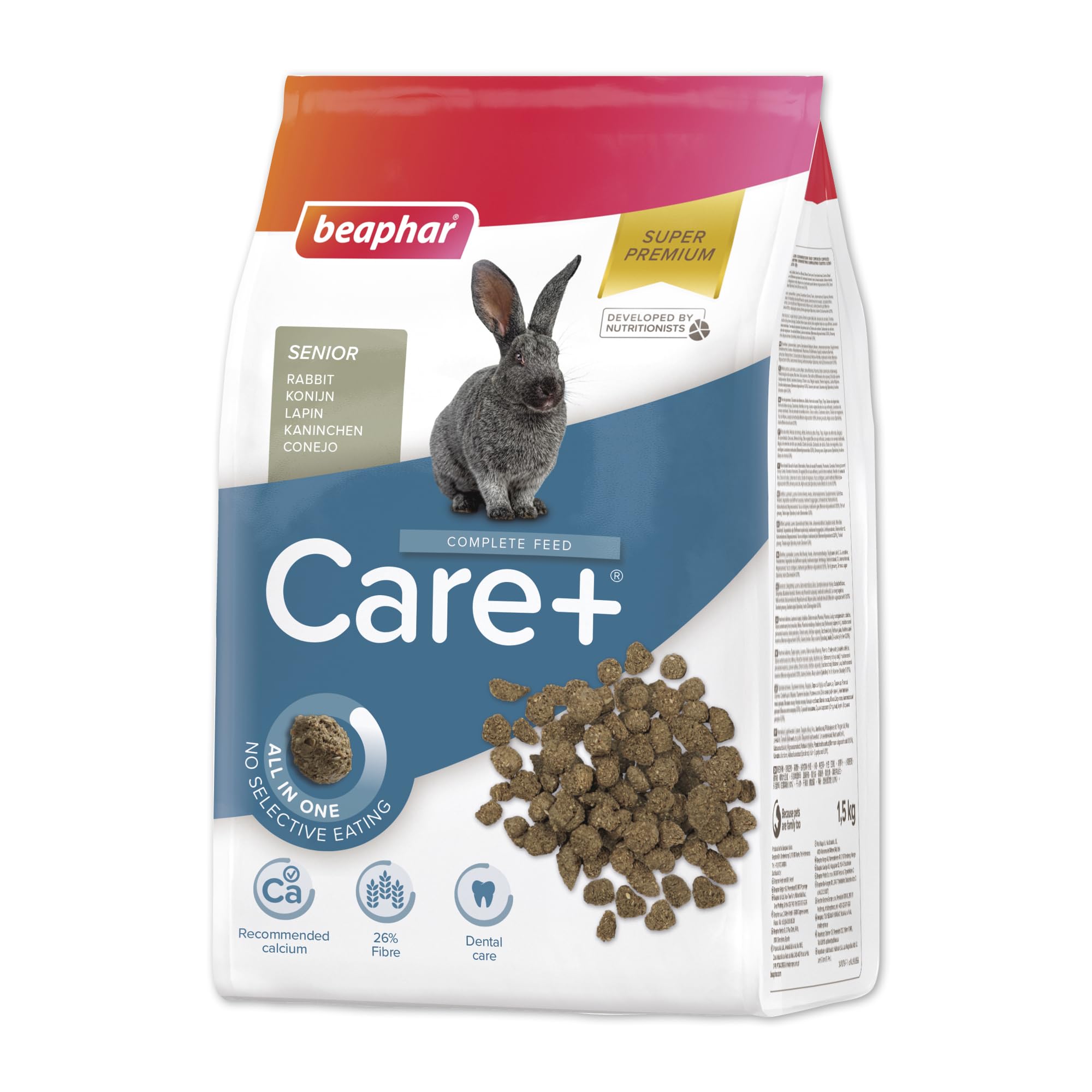 Beaphar - Care+® Rabbit Senior Food 1.5kg - All-in-one super-premium pelleted rabbit food - Prevents selective feeding - Developed by nutritionists - Tailored for senior rabbits aged 6 years+