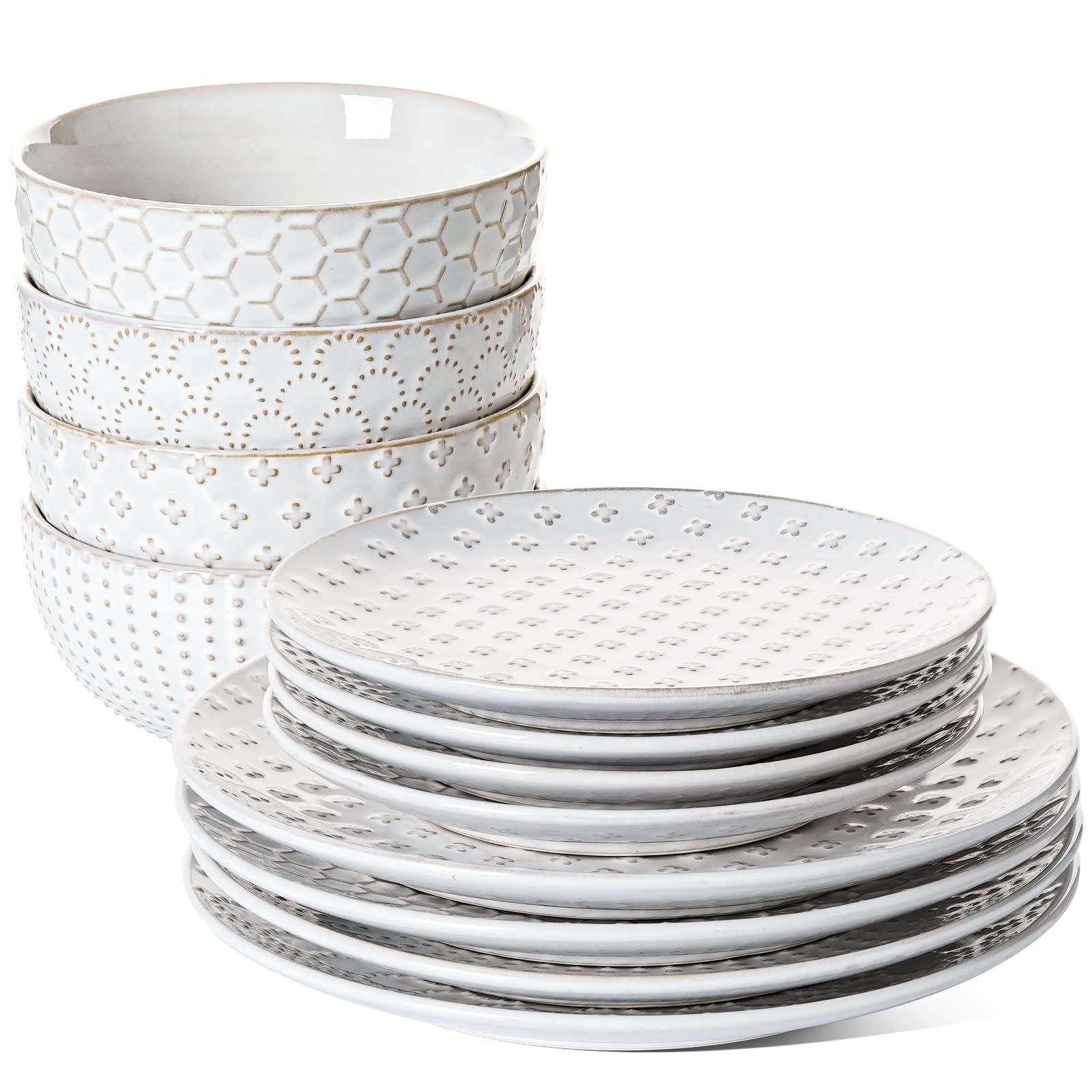 Photo 1 of LE TAUCI Dinnerware Sets 12 PCS, Ceramic Plates and Bowls Set, Suit For Housewarming (10" Dinner Plate + 8" Salad Dish + 26 oz Cereal Bowl) x 4, Oven safe - Arctic White