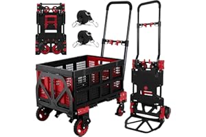 OYOEST 2 in 1 Hand Truck Dolly with Folding Basket,Folding Hand Truck Heavy Duty 330lbs Capacity,Foldable Hand Trcuk with Retractable Handle and Rubber Wheels,Portable Dolly with Bungee Cords for Moving