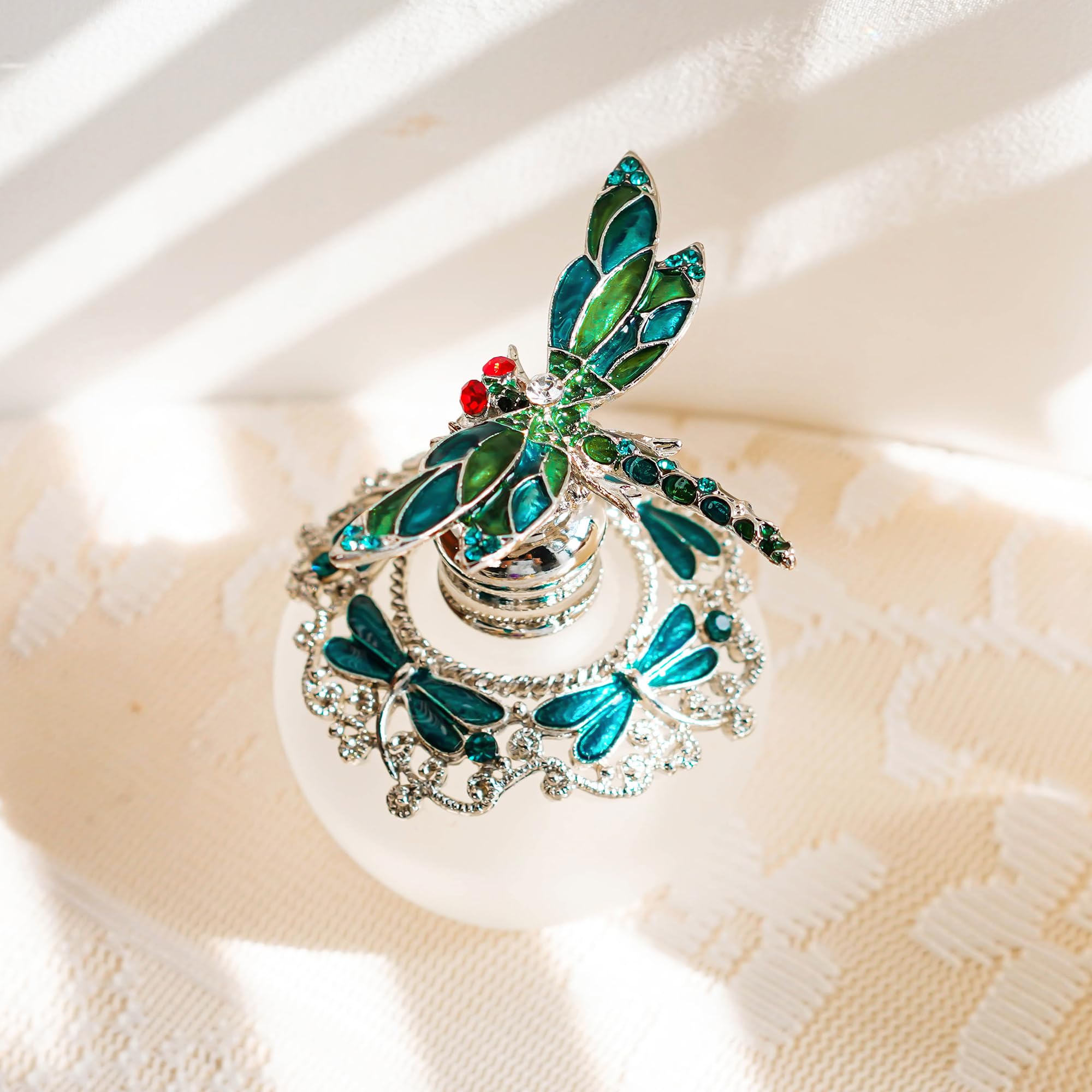 YU FENG 40ml Fancy Empty Crystal Perfume Bottle with Green Dragonfly Stopper Rhinestones Bejewelled Refillable Glass Bottle Containers