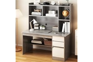 LITFAD Contemporary Rectangular Credenza Desk Home Storage Table Wood Computer Desk with Storage Drawers and Shelves - Grey 47" L x 18" W x 52" H Without Chairs