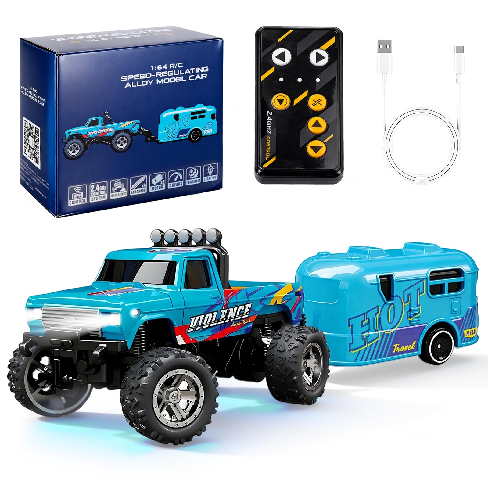 nnOuOnn Mini RC Monster Truck, 1:64 Scale Remote Control Monster Trucks with Trailer, 2.4GHz Small Alloy Speed Steering Adjustable Mini Truck Gift for Christmas