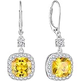 Inpasne Women Leverback Earrings 925 Sterling Silver Princess Cut Halo Earrings Birthstone Dangle Drop Earrings for Women Her Mom Wife