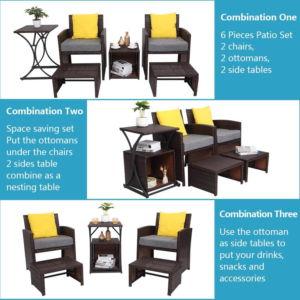 Amazon Com Vingli 6pcs Wicker Patio Conversation Set Outdoor Furniture Wicker Chair Patio Furniture Set With Ottoman Storage Side Table For Lawn Pool Balcony Backyard Space Saving Design Garden Outdoor