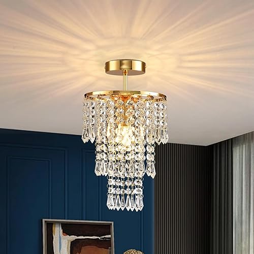 AHXIAOZN Modern Crystal Chandelier Ceiling Light, Mini Semi Flush Mount Crystal Chandeliers, 3 Tiers Crystal Raindrop Chandelier for Kitchen Hallway Dining Rooms Living Room