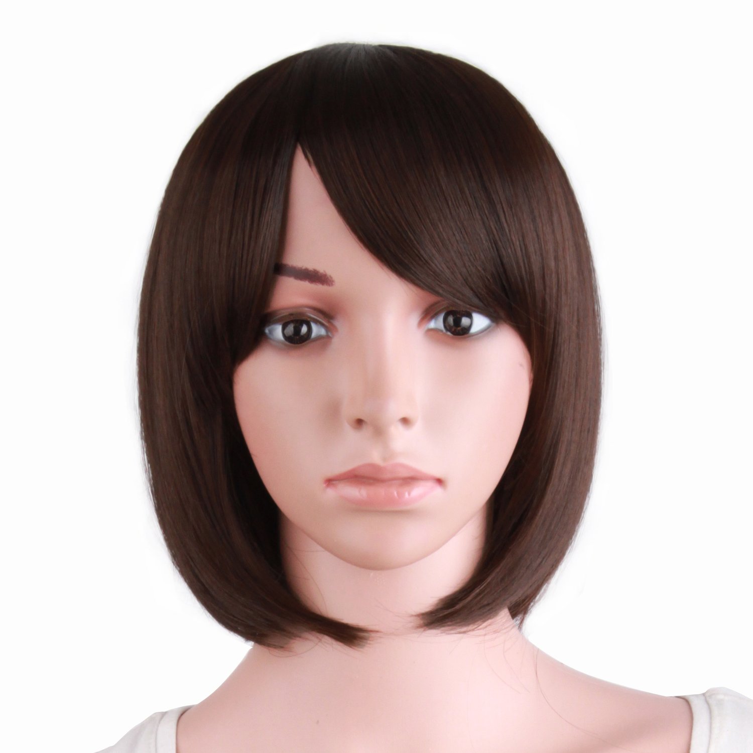 MapofBeauty Bob Short Straight Side Bangs Synthetic Fiber Heat Resistant Hair Party Cosplay Wig (Dark Brown) — image 1