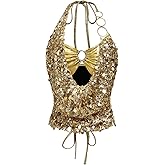 MakeMeChic Women's Metallic Glitter Sequin Halter Top Ring Linked Summer Y2K Party Tops Clubwear
